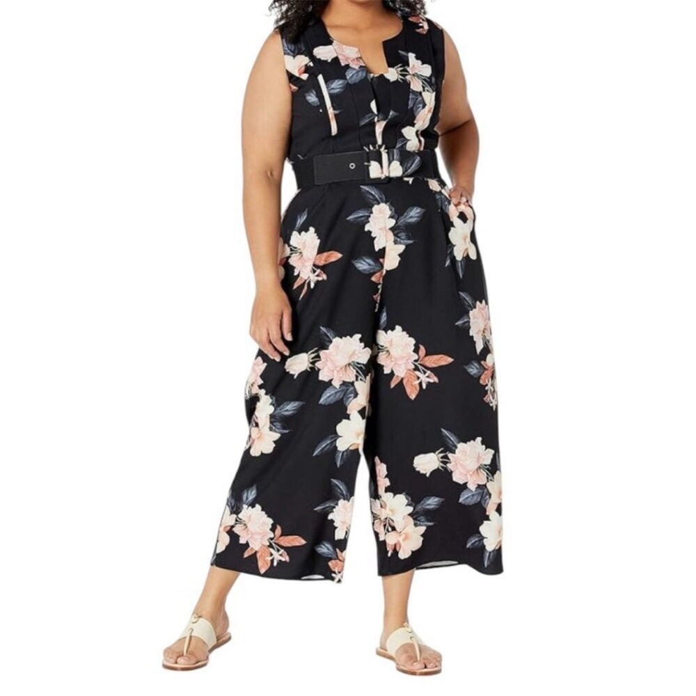 City Chic Black and Pink Floral Jumpsuit with Wide-Leg Design